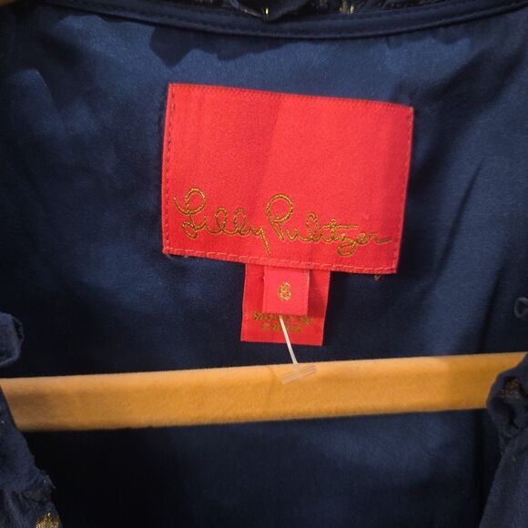 LILLY PULITZER Sarita Silk Swing Dress Navy Gold Dots Sz 6 Preppy Party‎ - Picture 4 of 9